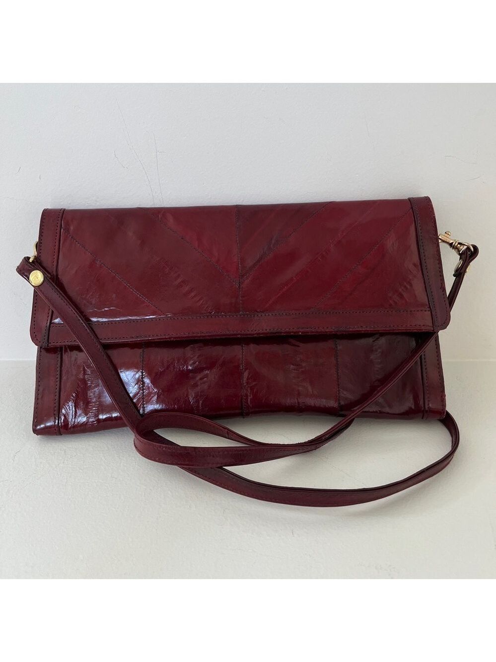 VINTAGE Burgundy Eel Skin Small Envelope Clutch Bag 80's Chic